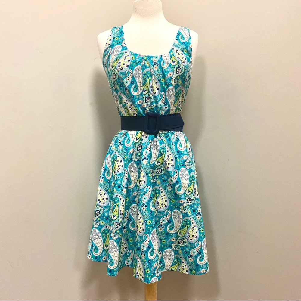 Voodoo Vixen Retro Paisley Dress Blue Green S M